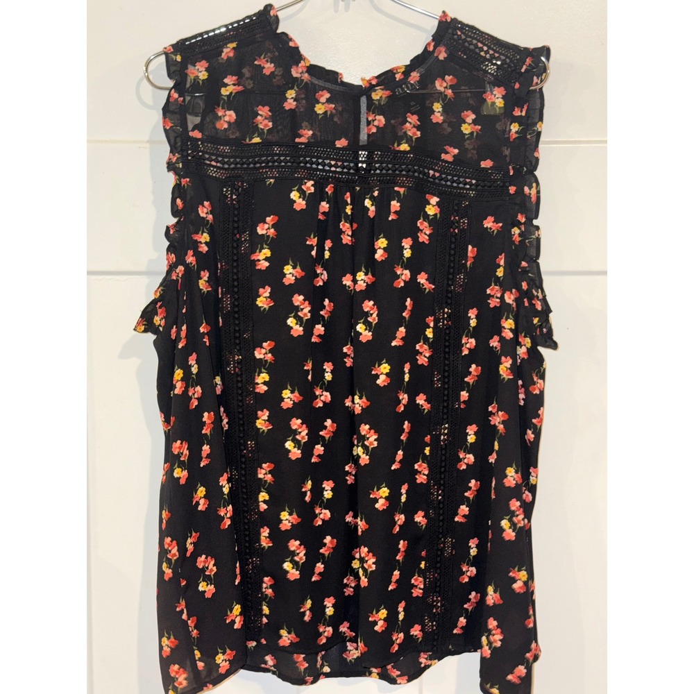 ANA A New Approach Womens XL Blk Floral Sleeveless Blouse Crochet Lace Trim Top